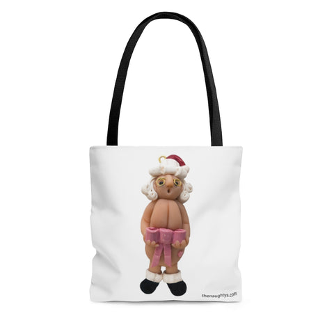 Naughty Mrs Cancer Awareness Claus holding Pink Bow Tote Bag